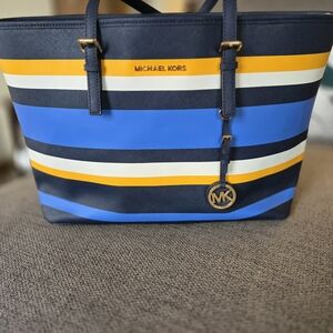 Michael Kors Blue and Yellow Striped Travel Tote